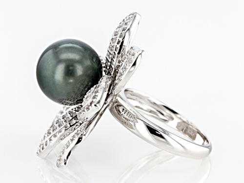 11-12mm Cultured Tahitian Pearl 1.76ctw White Topaz Rhodium over Sterling Silver Floral Ring - Size 10