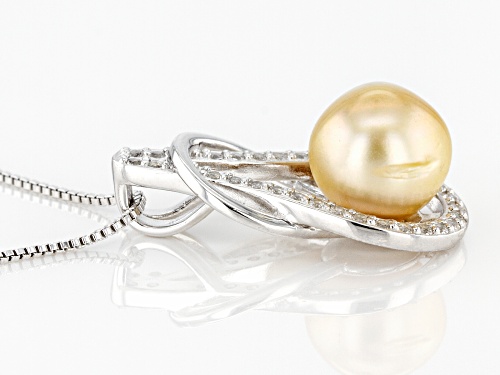 10mm Cultured Golden South Sea Pearl 0.4ctw White Topaz Rhodium Over Sterling Silver Pendant
