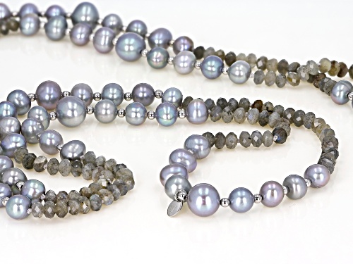 7.5-11mm Silver Cultured Freshwater Pearl Labradorite Rhodium Over Silver 50 inch Necklace - Size 50
