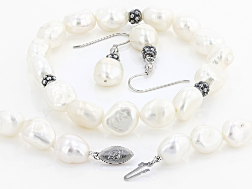 9.5-10.5mm White Cultured Freshwater Pearl Rhodium Over Silver Necklace, Bracelet, Earrings Set