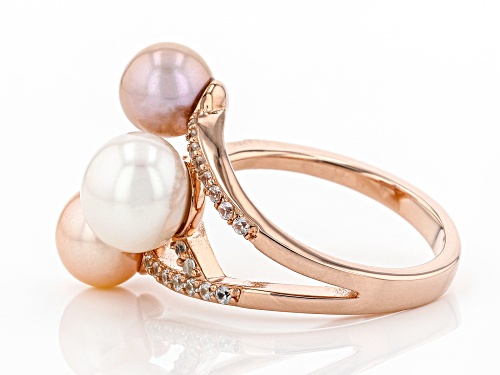 6.5-8.5mm Multi-Color Cultured Freshwater Pearl & Zircon 18k Rose Gold Over Silver 3-Stone Ring - Size 11