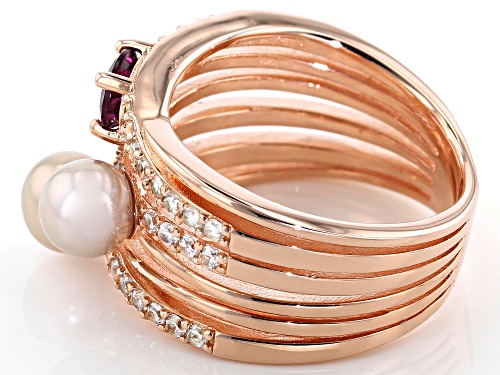 5-6mm Cultured Freshwater Pearl With Rhodolite & Zircon 18k Rose Gold Over Sterling Silver Ring - Size 12