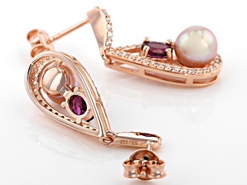 6.5mm Cultured Freshwater Pearl With Rhodolite & Zircon 18k Rose Gold Over Sterling Silver Earrings