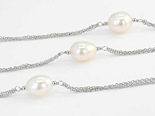 9-10mm White Cultured Freshwater Pearl Rhodium Over Sterling Silver 36 Inch Station Necklace - Size 36