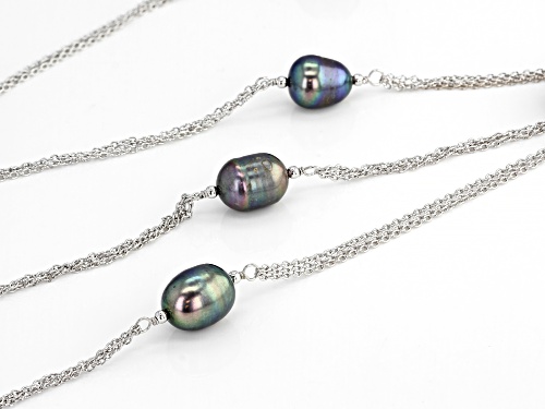 9-10mm Black Cultured Freshwater Pearl Rhodium Over Sterling Silver 36 Inch Station Necklace - Size 36