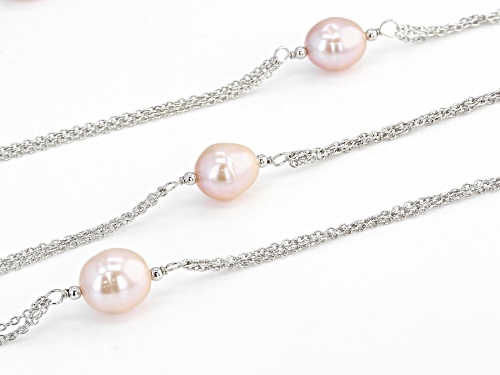 9-10mm Pink Cultured Freshwater Pearl Rhodium Over Sterling Silver 36 Inch Station Necklace - Size 36