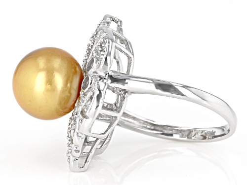 10-11mm Golden Cultured South Sea Pearl And 0.45ctw White Topaz Rhodium Over Sterling Silver Ring - Size 8