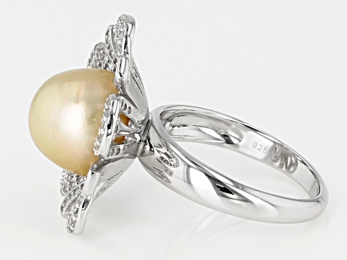 10mm Golden Cultured South Sea Pearl And 0.85ctw White Topaz Rhodium Over Sterling Silver Ring - Size 7