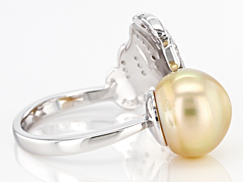 10mm Golden Cultured South Sea Pearl And 0.26ctw White Topaz Rhodium Over Sterling Silver Ring - Size 9