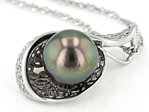 9-10mm Cultured Tahitian Pearl & 0.85ctw White Topaz Rhodium Over Silver Pendant With Chain
