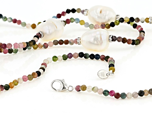 12-13mm Cultured Freshwater Pearl With Tourmaline & Diamond Simulant Silver Tone 32 Inch Necklace - Size 32