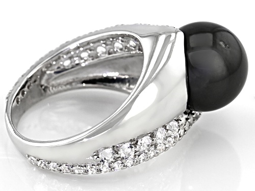 11-12mm Cultured Tahitian Pearl With 1.05ctw White Topaz Rhodium Over Sterling Silver Ring - Size 6