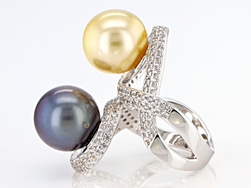 12mm Golden Cultured South Sea & 12mm Tahitian Pearl With White Zircon Rhodium Over Silver Ring - Size 12