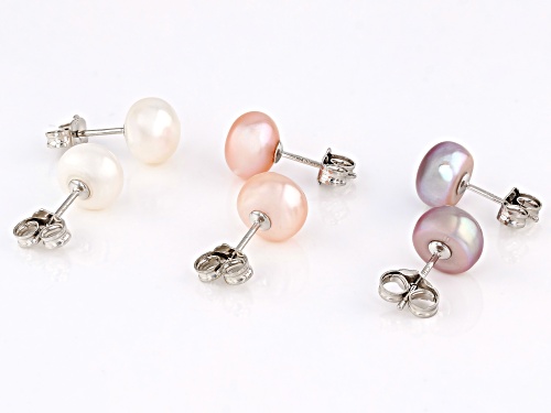 8-9mm White, Peach, and Lavender Cultured Freshwater Pearl Rhodium Over Silver Earrings Box Set of 3