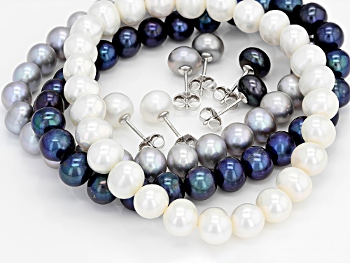 7-8mm Multi-color Cultured Freshwater Pearl Stretch Bracelet & Rhodium Over Silver Earrings Set of 3