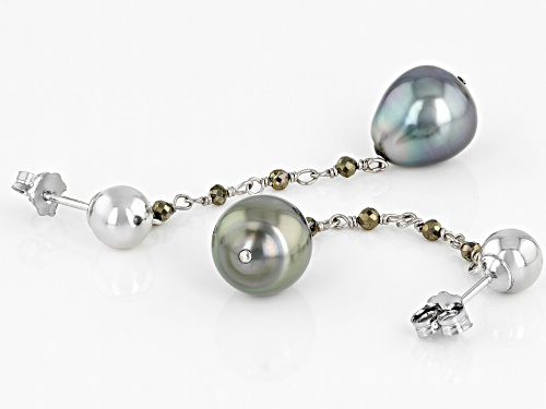 9-10mm Cultured Tahitian Pearl And Pyrite Rhodium Over Sterling Silver Drop Earrings