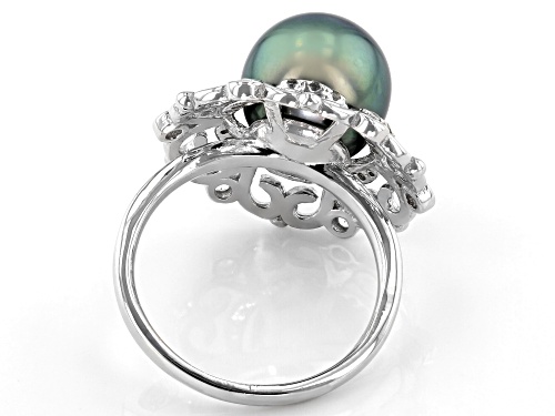10mm Cultured Tahitian Pearl And White Topaz 0.4ctw Rhodium Over Sterling Silver Ring - Size 7