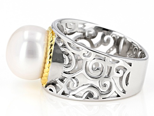 11mm White Cultured Freshwater Pearl Rhodium & 18k Yellow Gold Over Sterling Silver Ring - Size 12