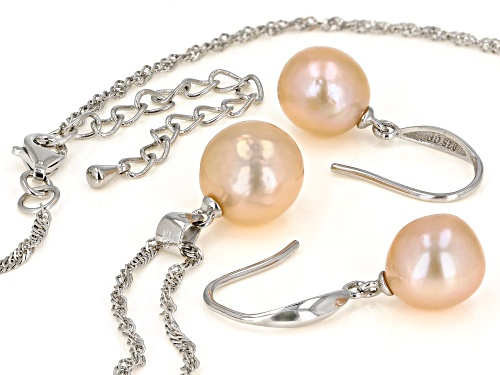 Genusis™ 10-12mm Peach Cultured Freshwater Pearl Rhodium Over Sterling Silver Earrings & Pendant Set