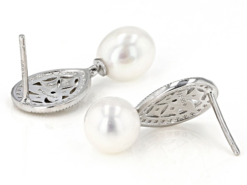 8-9mm White Cultured Freshwater Pearl With Diamond Accent Rhodium Over Sterling Silver Earrings