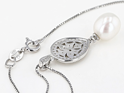 8-9mm White Cultured Freshwater Pearl With Diamond Accent Rhodium Over Sterling Silver Pendant