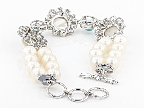 White Cultured Freshwater Pearl, Mother-of-Pearl, & Larimar Rhodium Over Sterling Silver Bracelet - Size 8