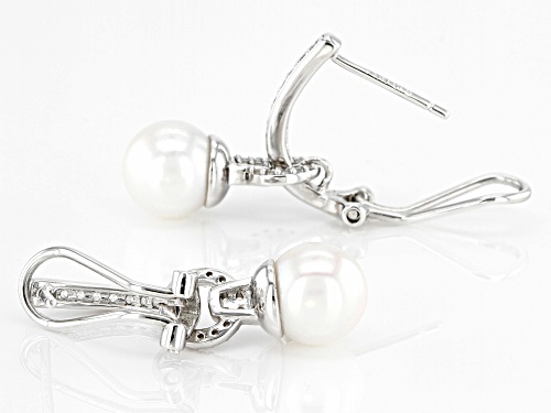 8mm White Cultured Japanese Akoya Pearl & 0.42ctw White Zircon Rhodium Over Sterling Silver Earrings