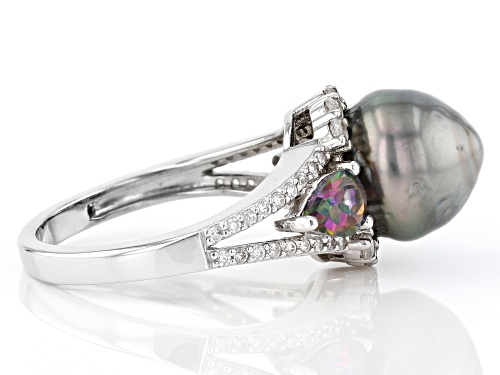 9.5-10mm Cultured Tahitian Pearl, Mystic Topaz, & White Zircon Rhodium Over Sterling Silver Ring - Size 10