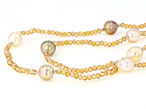 Genusis™ 10-12mm Cultured Freshwater Pearl & Champange Crystal Rhodium Over Silver 32 Inch Necklace - Size 32