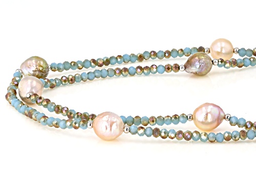 Genusis™ 10-12mm Cultured Freshwater Pearl & Green Crystal Rhodium Over Silver 32 Inch Necklace - Size 32