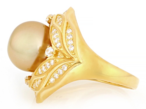 10mm Golden Cultured South Sea Pearl With Zircon 18k Yellow Gold Over Sterling Silver Ring - Size 12