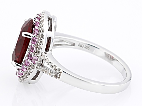 4.18ct Lab Ruby with 0.74ctw Lab Pink and Lab White Sapphire Rhodium Over Sterling Silver Ring - Size 7