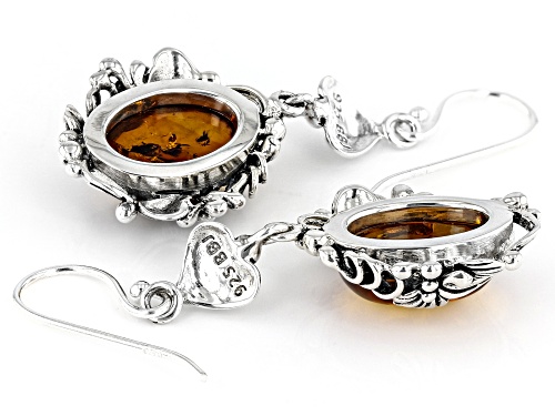 Oval Orange Amber Sterling Silver Dangle Earrings