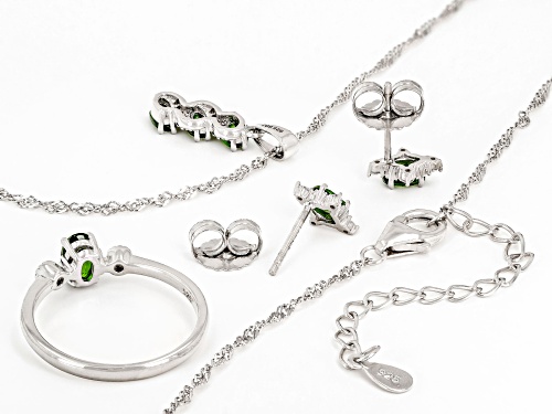 1.29ctw Chrome Diopside & .30ctw Lab Sapphire Rhodium Over Silver Ring, Earrings, Pendant/Chain Set