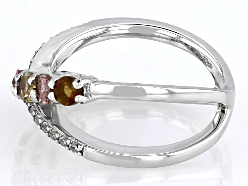 0.78ctw Round Multi Tourmaline With 0.09ctw White Zircon Rhodium Over Sterling Silver Crossover Ring - Size 7