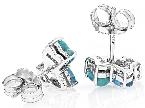 5mm Turquoise,.59ctw Swiss Blue Topaz, .58ctw Glacier Topaz™ Rhodium Over Silver Stud Earrings