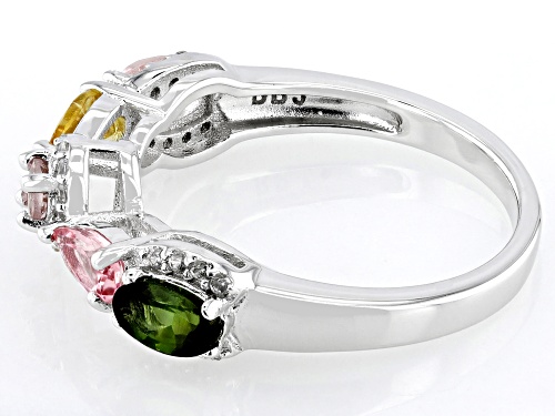 0.85ctw Mixed Shapes Multi-Tourmaline With .58ctw White Zircon Rhodium Over Sterling Silver Ring - Size 7