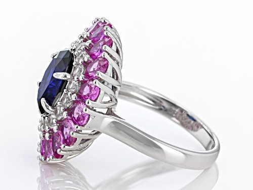 2.55ct Oval Lab Blue Sapphire,2.99ctw Lab Pink And Lab White Sapphire Rhodium Over Silver Ring - Size 6