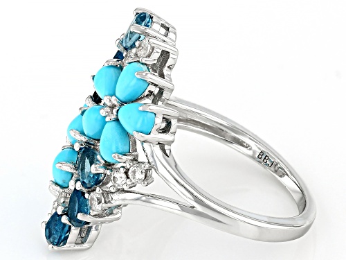 4x3mm Sleeping Beauty Turquoise,.92ctw London Blue Topaz, .34ctw zircon Rhodium Over Silver Ring - Size 5