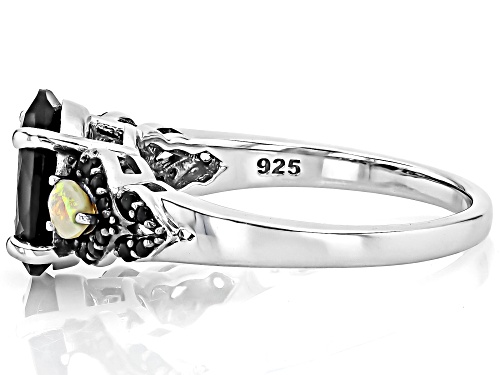 2.12ctw Mixed Shapes Black Spinel With 0.15ctw Ethiopian Opal Rhodium Over Sterling Silver Ring - Size 8