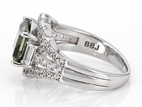 1.89ct Rectangular Octagonal Green Labradorite With 0.94ctw White Zircon Rhodium Over Silver Ring - Size 7