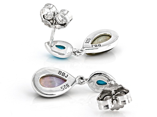 6x4mm Pear Shape Sleeping Beauty Turquoise With 10x6mm Pear Abalone Shell Silver Dangle Earrings