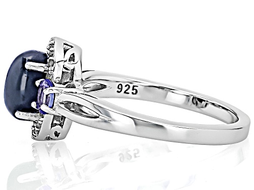 8x6mm Oval Blue Star Sapphire, .29ctw Tanzanite With .17ctw White Zircon Rhodium Over Silver Ring - Size 6