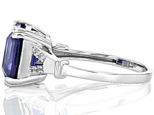 4.89ct Asscher Cut Lab Created Blue Sapphire, 0.06ctw White Zircon Rhodium Over Sterling Silver Ring - Size 8