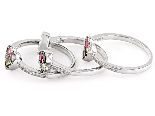 1.02ctw Round Multicolor Tourmaline With .15ctw Zircon Rhodium Over Silver Stackable Ring Set - Size 7