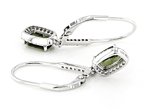 1.19ct Cushion Moldavite With 0.36ctw Round White Zircon Rhodium Over Silver Dangle Earrings