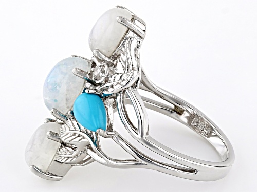 Rainbow Moonstone, Sleeping Beauty Turquoise With .09ctw Zircon Rhodium Over Silver Ring - Size 6
