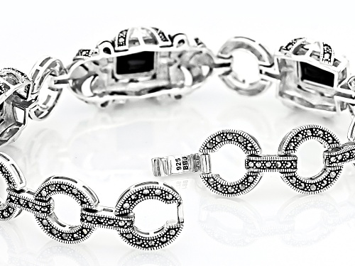 12.60ctw Rectangular Octagonal Black Spinel With Round Marcasite Sterling Silver Toggle Bracelet - Size 8