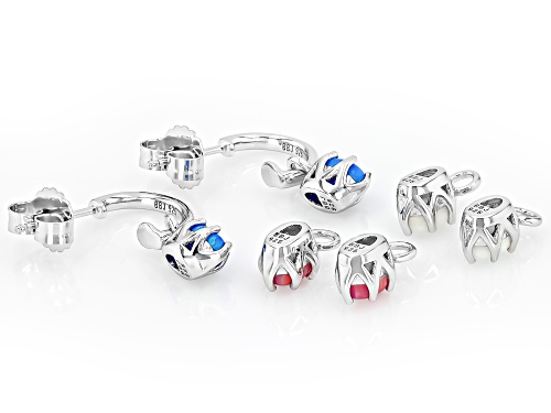 6x4mm Oval Lab Blue, Lab Pink, Lab White Opal Rhodium Over Silver Interchangeable Earrings