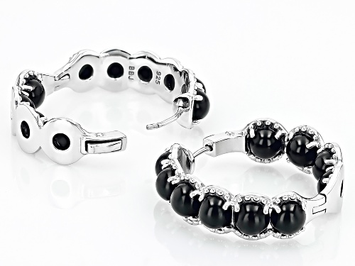 6mm Round Cabochon Black Onyx Rhodium Over Sterling Silver Hoop Earrings